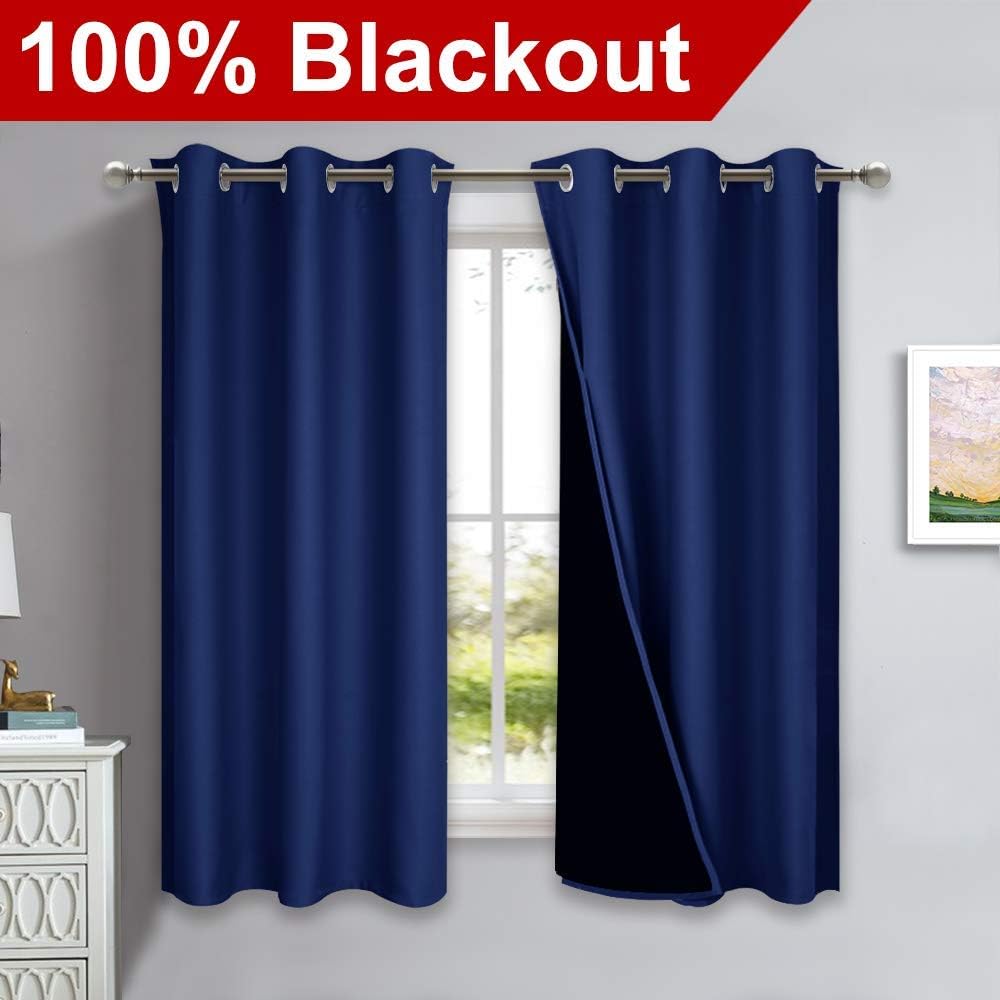 NICETOWN 100% Blackout Curtains with Black Liner Backing, Royal Blue, 37 inches x 60 inches Per Panel, Set of 2, Thermal Insulated Curtains for Living Room, Noise Reducing Drapes