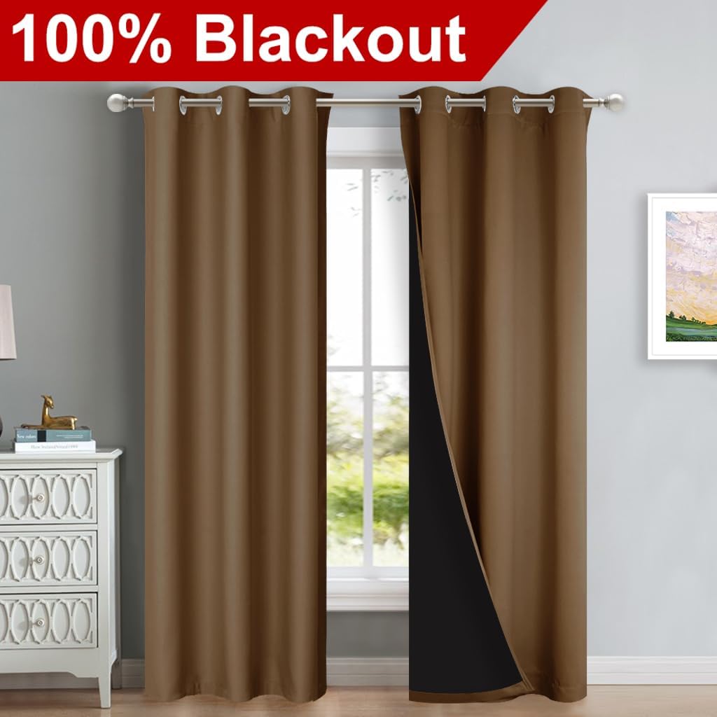 NICETOWN Blackout Curtains 84 inches Long, 2 Pieces, 42" Wide Each Panel, Gold Brown, Full Light Blocking Drapes with Black Liner for Nursery, Thermal Insulated Draperies for Hall, Villa