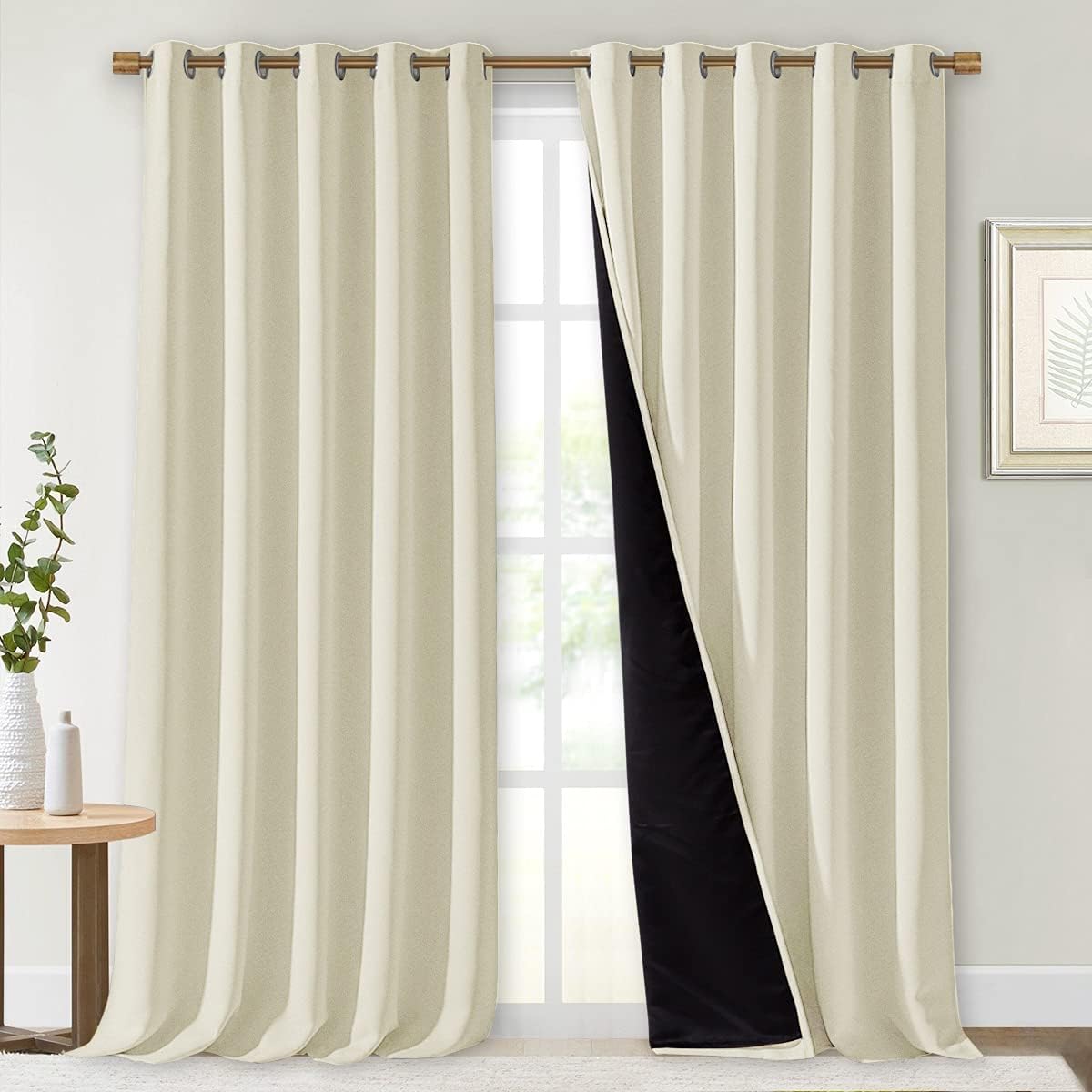 NICETOWN Living Room Completely Shaded Draperies, Privacy Protection & Noise Reducing Ring Top Drapes, Black Lined Insulated Window Treatment Curtain Panels(Beige, 2 Pieces, W70 x L108)
