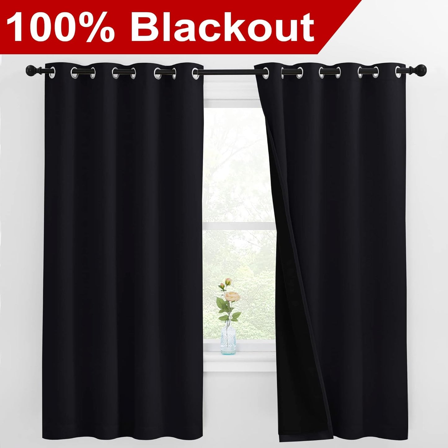 NICETOWN 100% Blackout Curtains with Black Liners, Thermal Insulated Full Blackout 2-Layer Lined Drapes, Energy Efficiency Window Draperies for Bedroom (Black, 2 Panels, 55-inch W by 68-inch L)
