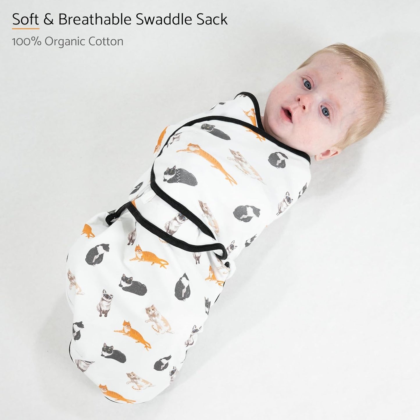 LollyBanks Baby Swaddles, 100% Organic Cotton Swaddle for Newborns Boys and Girls, 3-6 Months Swaddle Sacks with Easy Change Zipper, Newborn Swaddles Baby Registry (Cat Print)