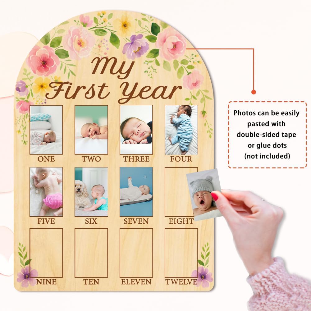 ORIGACH My First Year Baby Growth Photo Display Wood Board - 12 Months Newborn Milestones Photo Board - Neutral Baby Keepsake Board 1st Birthday Party Nursery Decor New Mom Gift - Flower