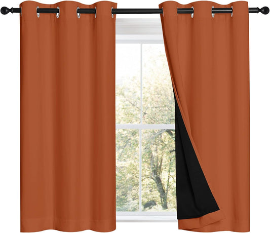 NICETOWN Burnt Orange 100% Blackout Curtains 45 inches Long, 2 Thick Layers Completely Blackout Window Treatment Thermal Insulated Lined Drapes for Small Window (1 Pair, 42 inches Width Each Panel)