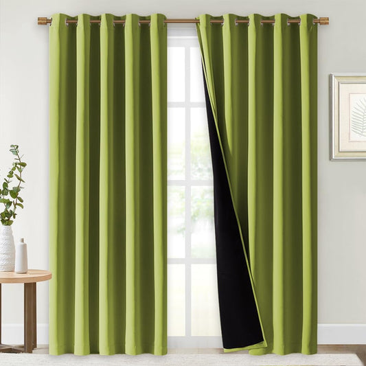 NICETOWN 100% Blackout Window Curtain Panels, Fresh Green, 2 Pieces, 70" Wide Each Panel, Cold and Full Light Blocking Drapes with Black Liner for Nursery, 84" Drop Thermal Insulated Draperies