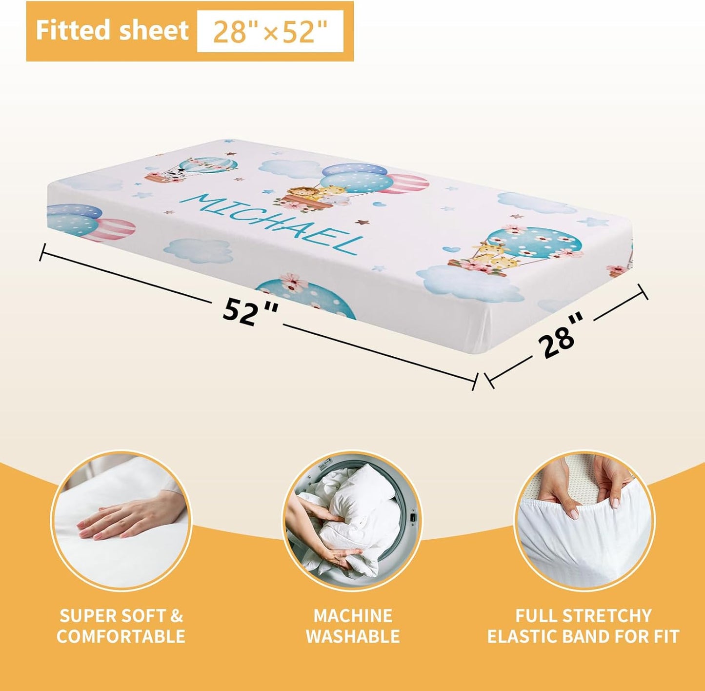 Personalized Baby Bedding Set, 5 Pcs Custom Toddlers Bedding Set with Infant Name, Double Layer Nursery Crib Set for Boys Girls, Customized Gifts for Infants Baby Shower, Hot Air Balloon Animal