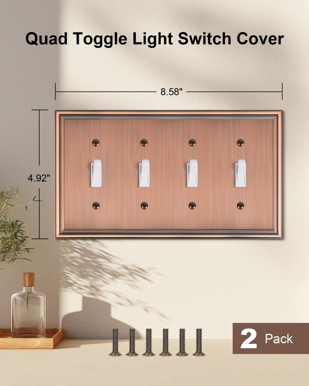 2-Pack Quad Toggle Light Switch Cover Plate, Durable Zinc Alloy Decorative Switch Plate Covers, Antique Copper 4 Gang Wall Plate for Toggle Light Switch and Rotary Dimmer Switch