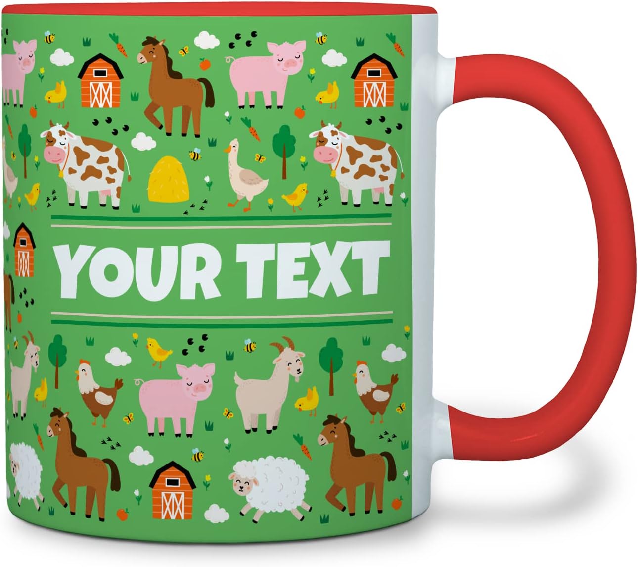 Personalized Mug for Kids - Farm Animals - Custom Name/Text, Ceramic Hot Chocolate/Cocoa/Coffee Cup for Boys/Girls, Birthday/Christmas/Holiday Gift - 11 oz, Red Handle