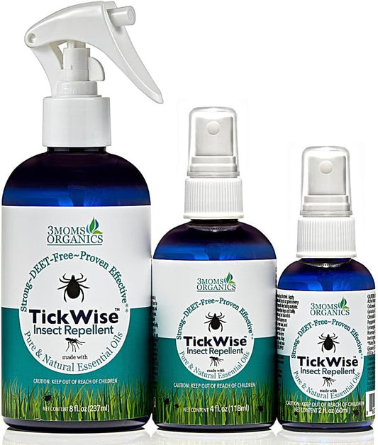 3 Moms Organics TickWise | DEET- Free, Tick and Insect Repellent | Plant Based Essential Oils and All Natural Ingredients | Safe for Kids, Adults, Dogs and HorsesTrio 8oz,4oz,2oz