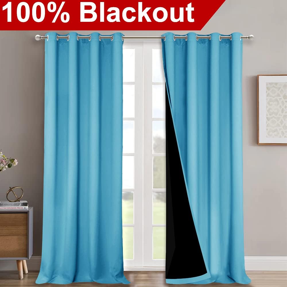 NICETOWN 100% Blackout Curtains for Windows, Pack of 2, Teal Blue, 52" W x 102" L, Super Heavy-Duty Black Lined Total Darkness Drapes for Bedroom, Privacy Assured Window Treatment for Patio