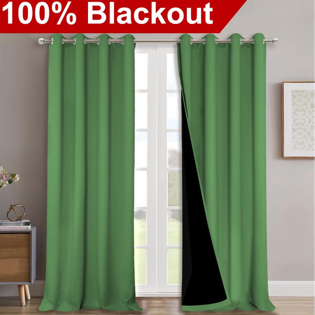 NICETOWN Full Shading Curtains 90" Long 2 Panels Set for Windows, Forest Green, Pack of 2, 52" W, Super Heavy-Duty Black Lined Blackout Curtains for Bedroom, Privacy Assured Window Treatment