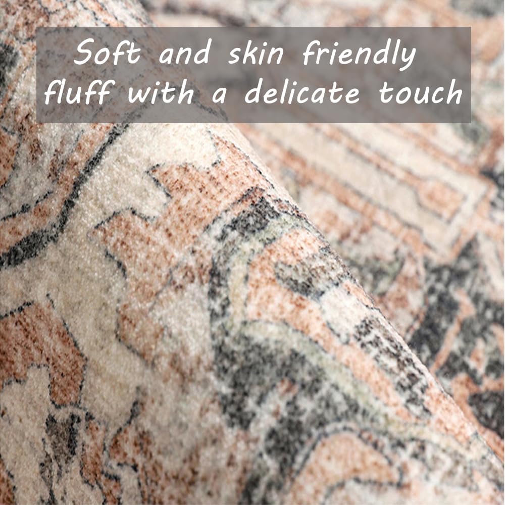 Washable Area Rug 8x10 Retro Flowers Boho Design Non-Shedding Easy Care Ideal for High Traffic Areas in Living Room Bedroom Office Coffee Table Kitchen Large Carpet