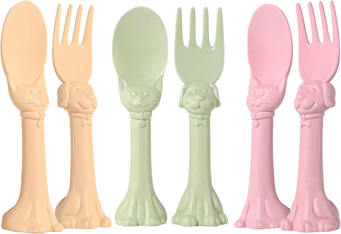 Made in USA Spoon la la Toddler Utensils Set - 6 Pack (3 Spoons & 3 Forks for Kids) - Self-Standing 3D Ergonomic Cat & Dog Handles - BPA-free, Dishwasher Safe, Baby Silverware (Pink, Yellow, Mint)
