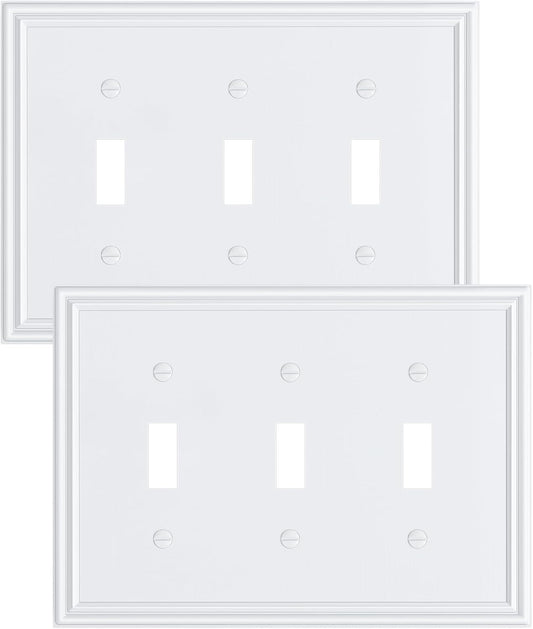 2-Pack Triple Toggle Light Switch Cover Plate, Durable Solid Zinc Alloy Decorative Switch Plate Covers, Pure White 3 Gang Wall Plate, Corrosion Resistant