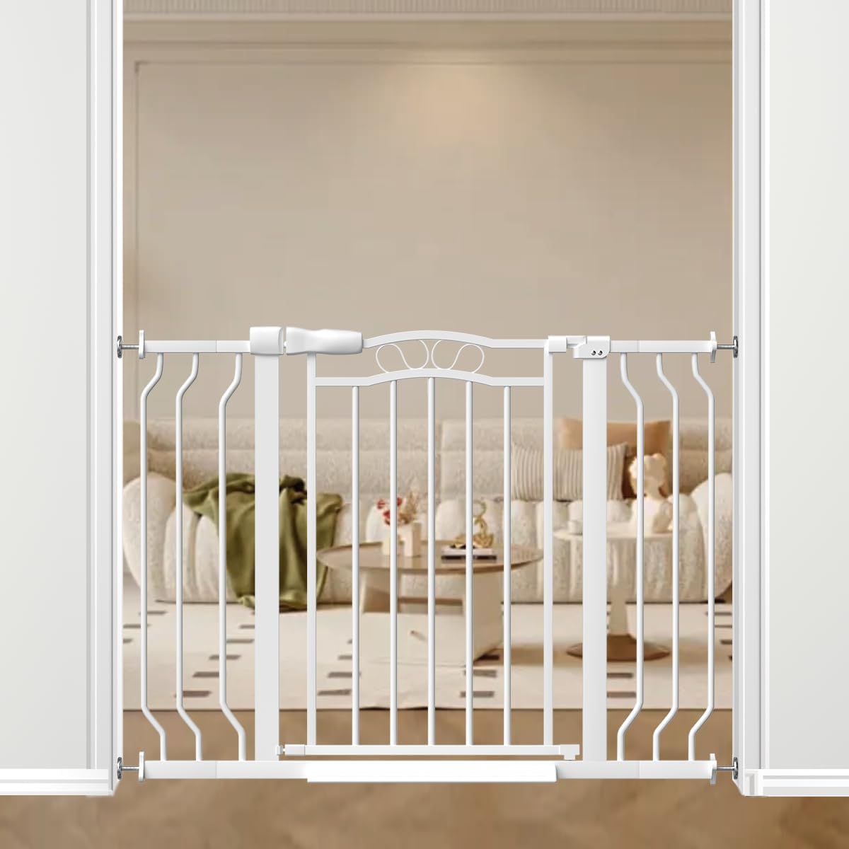 29.5-43.7" Wide Baby Gate for Stairs No Drilling, 30" Tall Metal Pet Baby Safety Gates with Expansion Kit, Press Mounted Dog Gate Indoor for Kids, Walk Through Dog Gates for Doorways, White