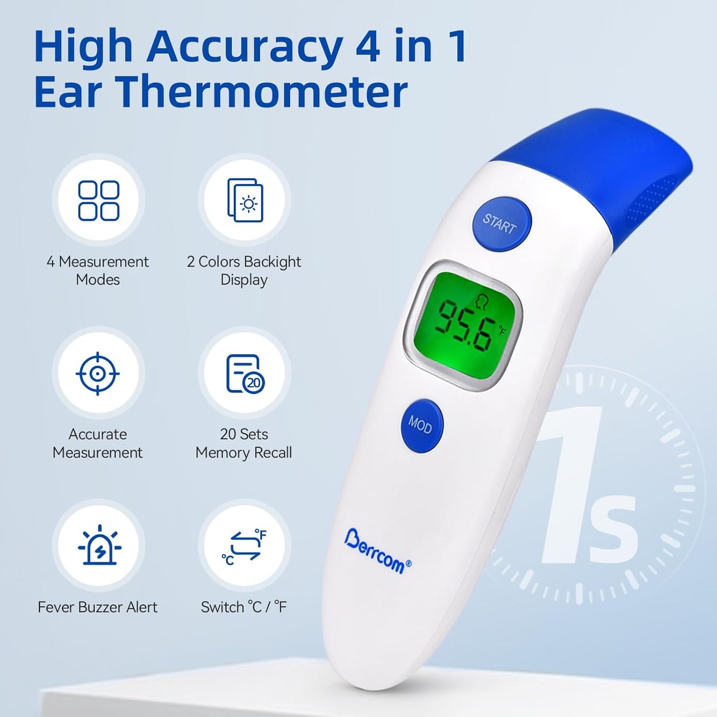 Berrcom 3 in 1 Forehead and Ear Thermometer Indoors Non-Contact Backlight Body Object Temperature Checking Sensor Touchless Digital Thermometer with Fever Alert