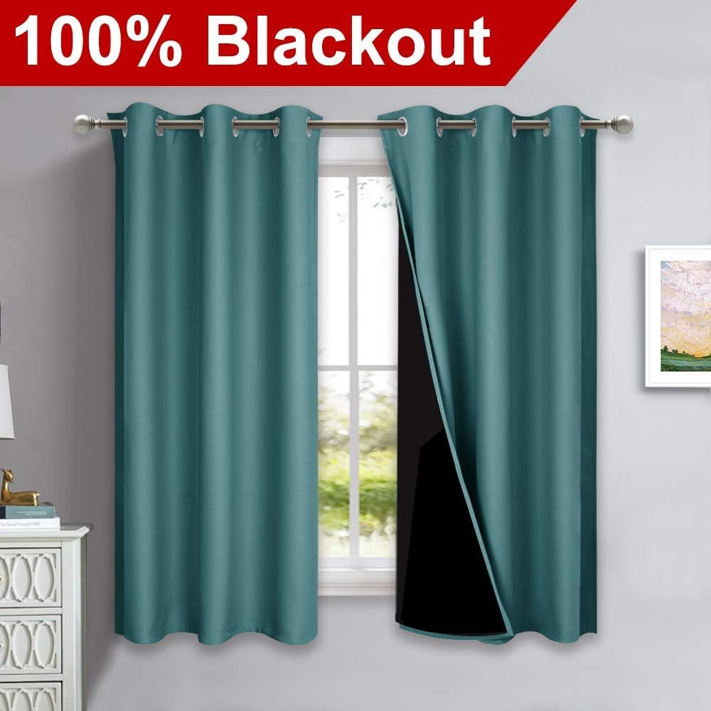 NICETOWN 100% Blackout Curtains 54 inches Long, Sea Teal, 1 Pair, 42 inches Width Each Panel, Double-Deck Completely Blackout Window Treatment Thermal Insulated Lined Drapes for Small Window