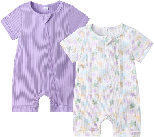 Bafeicao Unisex Baby Boy Girl 2 Pack Rompers Short Sleeve 2 Way Zipper One Piece Jumpsuits Clothes Sets