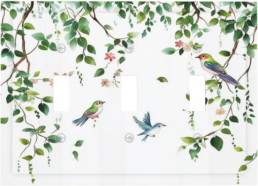 Decorative Switch Plates Green Leaves Bird Eucalyptus Sage Plant 3 Gang Wall Plate Triple Toggle Light Switch Cover Faceplate Electrical Wall Panels For Bed Room Living Room Decor