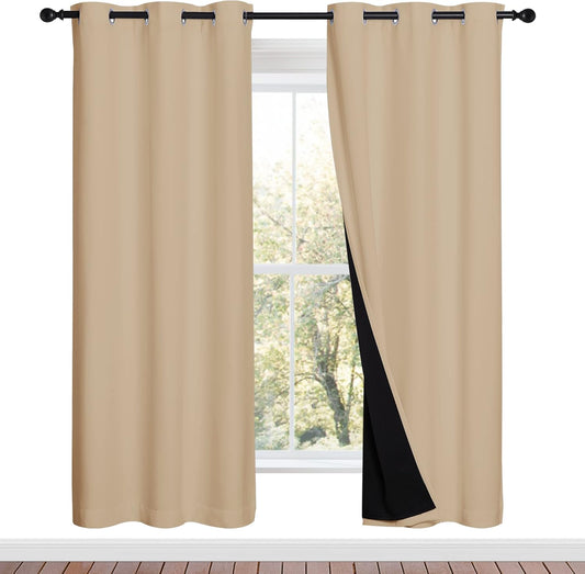 NICETOWN Living Room Completely Shaded Draperies, Privacy Protection & Noise Reducing Ring Top Drapes, Black Lined Insulated Window Treatment Curtain Panels(Biscotti Beige, 2 Pieces, W42 x L72)