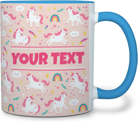 Personalized Mug for Kids - Pink Unicorn - Custom Name/Text, Ceramic Hot Chocolate/Cocoa/Coffee Cup for Girls, Birthday/Christmas/Holiday Gift - 11 oz, Light Blue Handle
