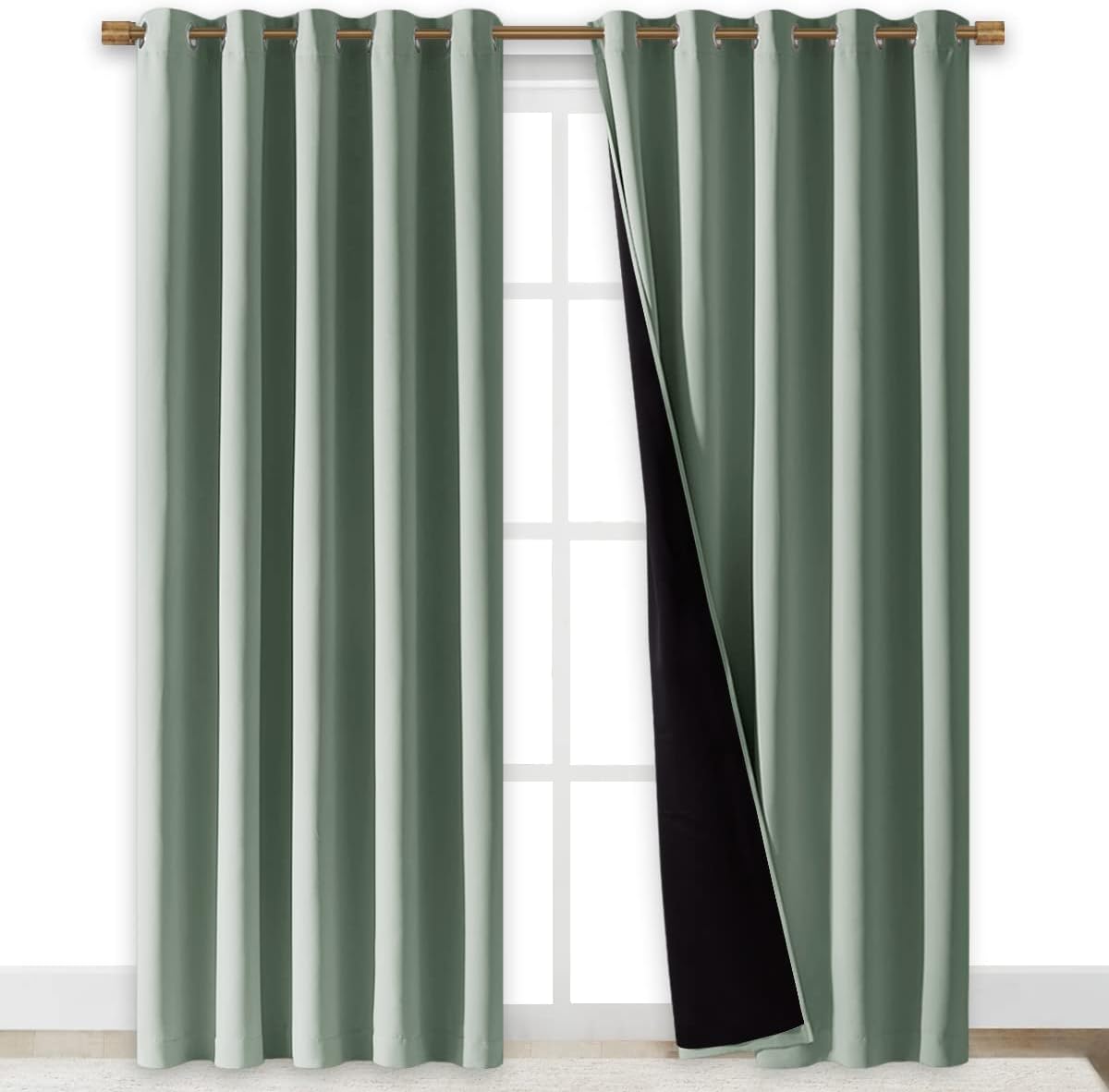 NICETOWN 100% Blackout Window Curtain Panels, Cold and Full Light Blocking Drapes with Black Liner for Nursery, 84" Drop Thermal Insulated Draperies (Greyish Green, 2 Pieces, 70" Wide Each Panel)