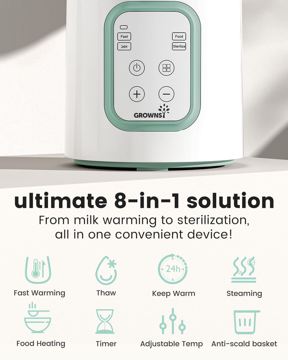GROWNSY Baby Bottle Warmer, 8-in-1 Fast Baby Milk Warmer with Timer for Breastmilk or Formula, Accurate Temperature Control, 24H Keep, Food Heater&Defrost BPA-Free Bottle Warmer for All Bottles- Green