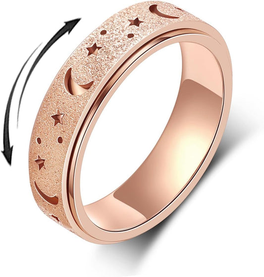 Anxiety Ring for Women Men, Titanium Stainless Steel Spinner Ring, 5 Colors, 6MM, Size 6-10, 3 Styles Anxiety Ring-Moon Star, Sandblasted Finished, Hollow Outer