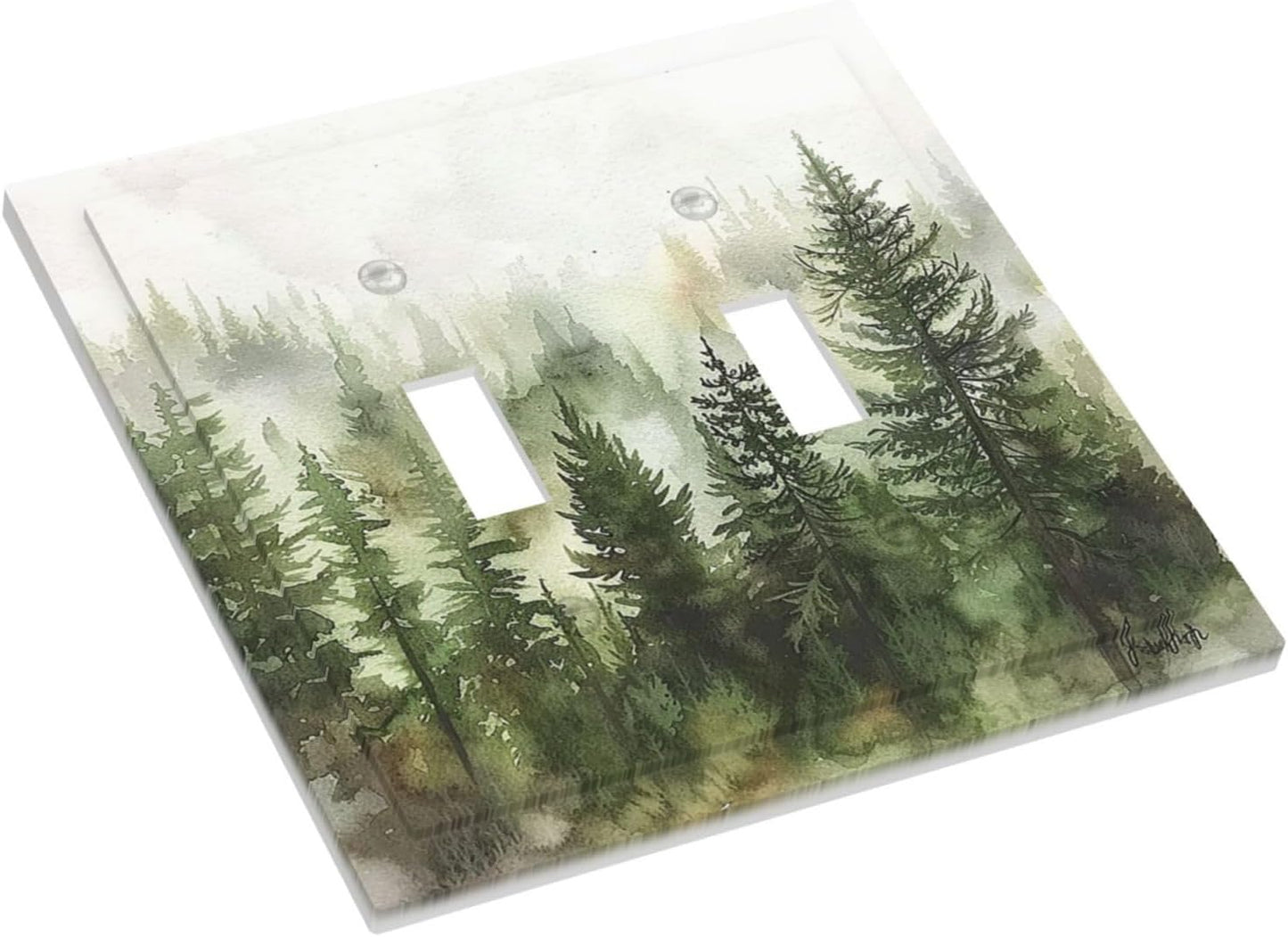 Decorative Switch Plates Green Forest Watercolor Painting Foggy Pine 2 Gang Double Toggle Outlet Light Switch Cover Wall Plate Electrical Faceplate for Bedroom living Room Decor