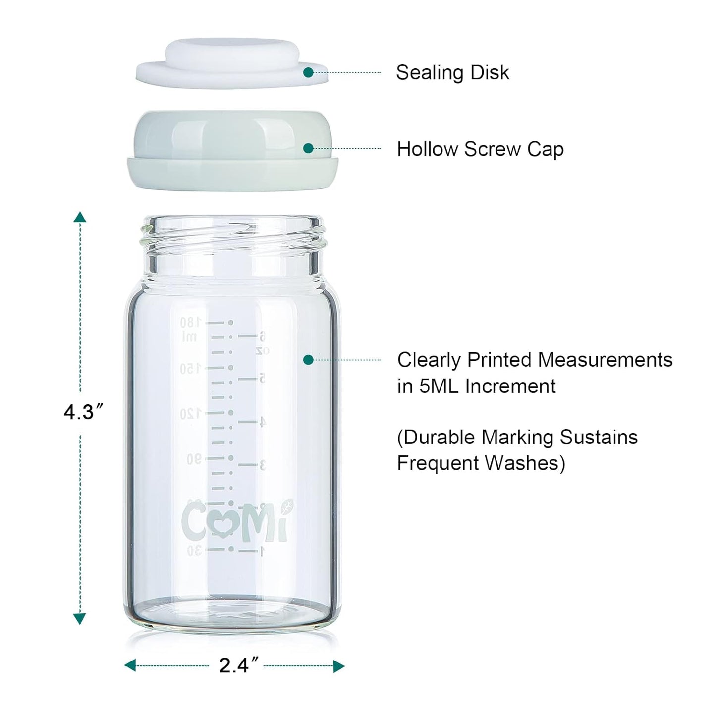 COMI Wide Neck Glass Breastmilk Collection n Storage Bottle, 6oz with Screw Ring Sealing Disk; Re-markable Sealing Disc. BPA Free, Fits Breast Pumps & Nipples (2 Pack Gray Lids)