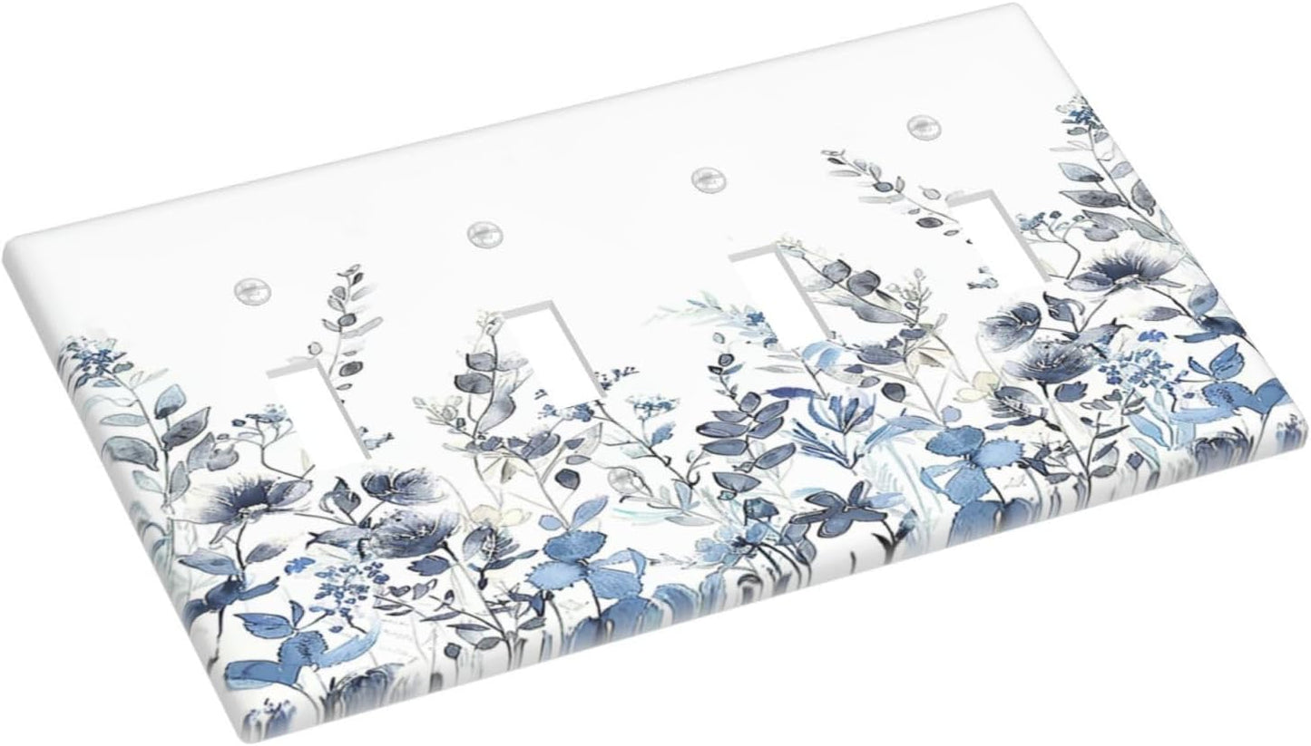 Light Switch Covers Light Blue Watercolor Leaves Plant With Floral Quad Toggle Electrical Faceplate 4 Gang Wall Plate Decorative Switch Plates for Bedroom Bathroom Decor