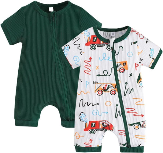 Bafeicao Unisex Baby Boy Girl 2 Pack Rompers Short Sleeve 2 Way Zipper One Piece Jumpsuits Clothes Sets