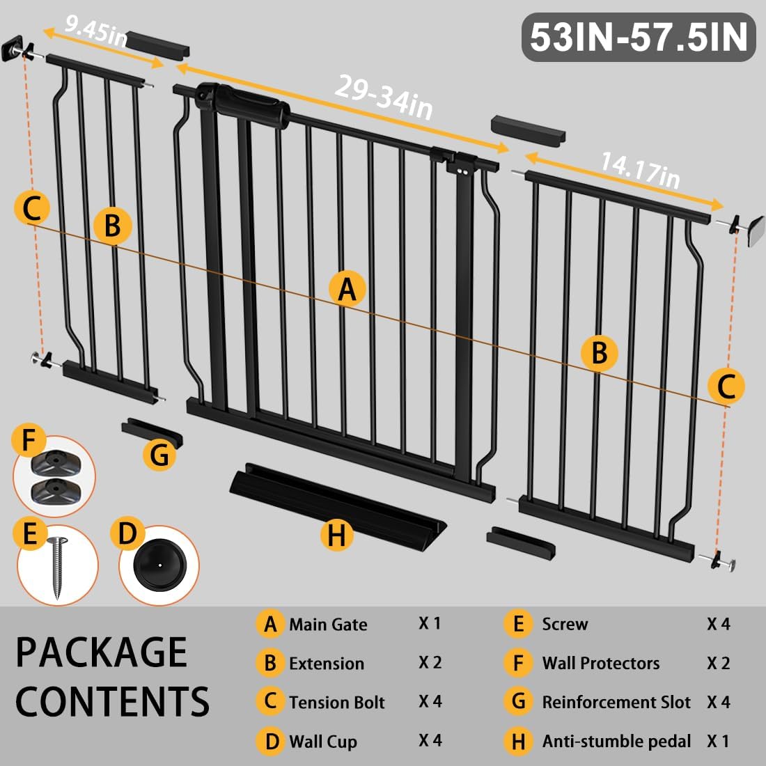 Fairy Baby Extra Wide Baby Gate Black 53-57.5 Inch Wide, Walk Through Pressure Mounted No Drill, Long and Large Tension Gate for Pet and Kids