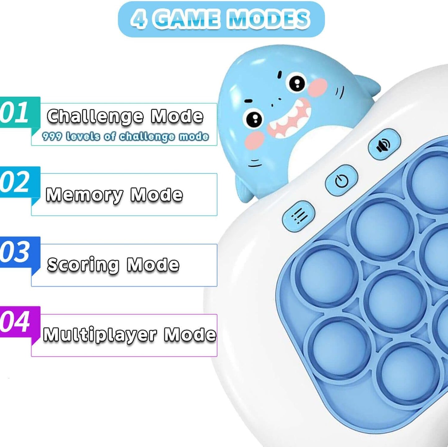 Fast Push Pop Game It Fidget Toys Pro for Kids Adults, Handheld Game Machine, Squeeze Poppet Sensory Electric Quick Push Bubble Toy, Birthday Gifts for Boys Girls Teens （Shark）