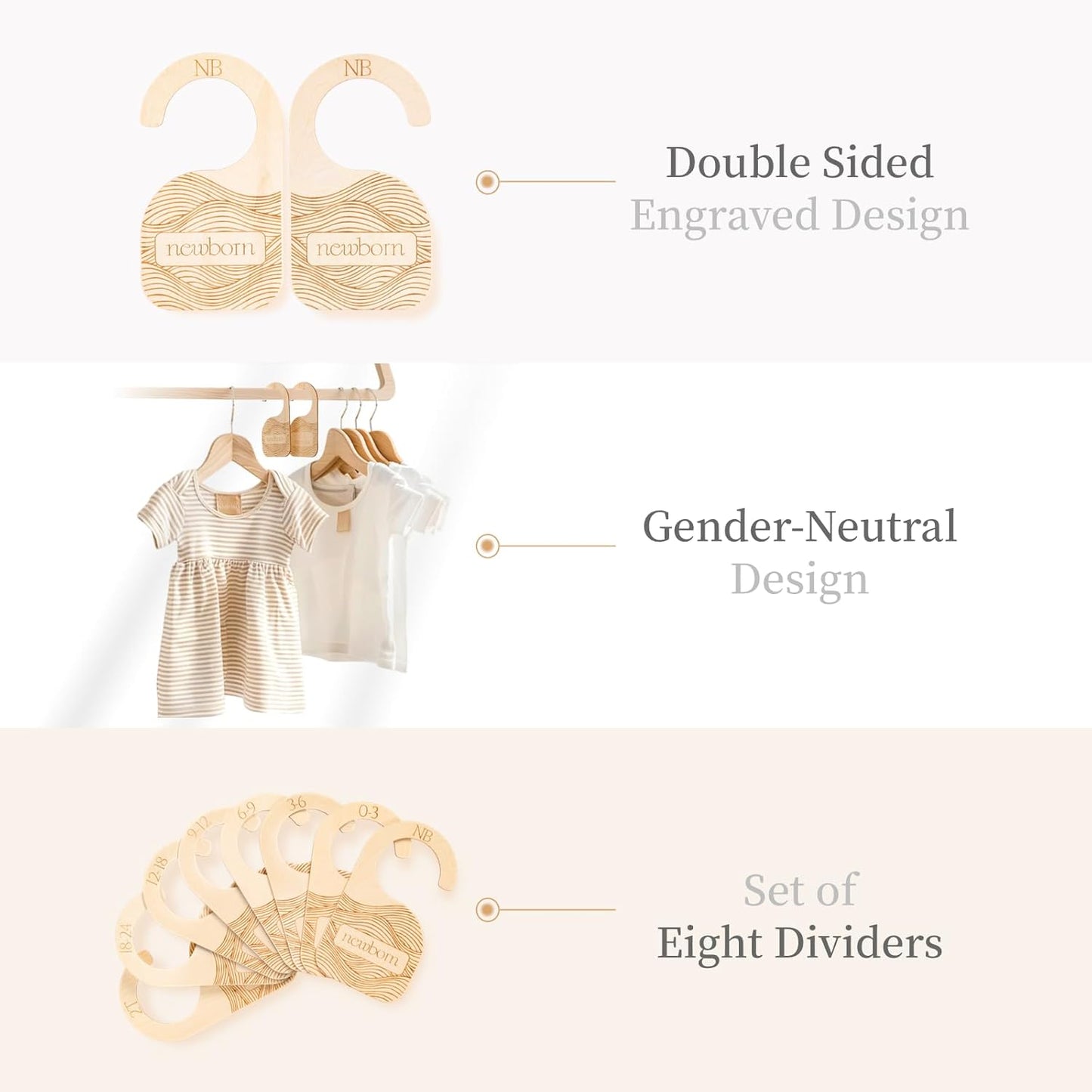 Whitluck's Baby Closet Dividers - 8-Pack Double-Sided Wooden Hangers for Organizing Baby Clothes from Newborn to 24 Months (Infant to Toddler) - Cute and Functional Nursery Decor for Boys and Girls