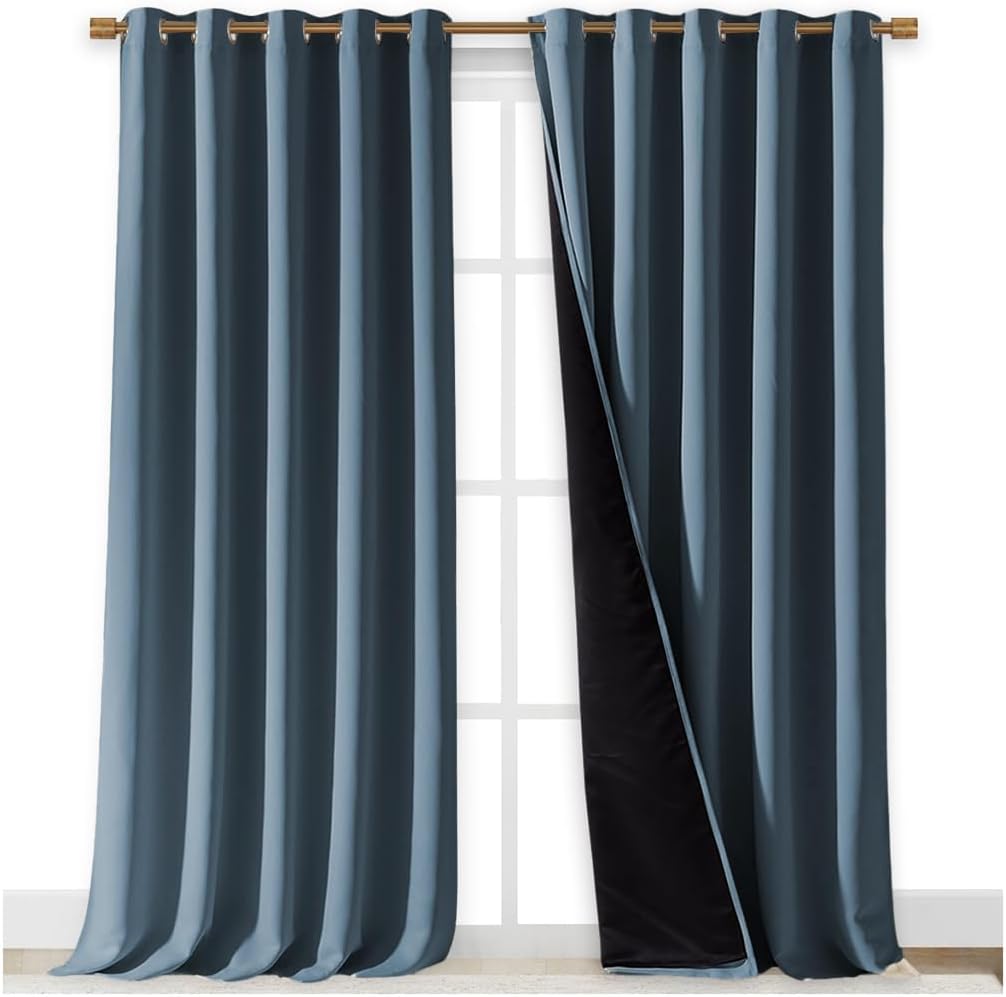 NICETOWN Full Shading Curtains for Windows, Smoky Blue, Pack of 2, 62 inches W x 95 inches L, Super Heavy-Duty Black Lined Blackout Curtains for Bedroom, Privacy Assured Window Treatment