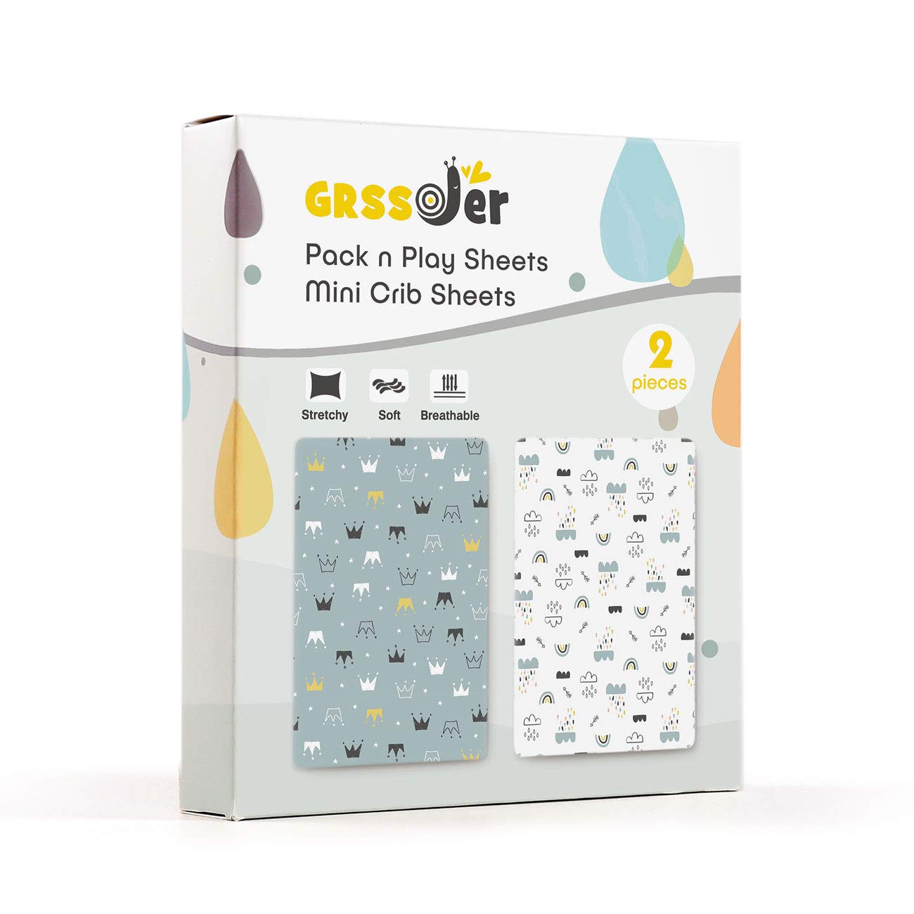 GRSSDER Stretchy Ultra Soft Jersey Knit Fitted Pack n Play Playard Sheets Set 2 Pack，Portable/Mini Crib Sheets, Crown and Cloud for Girls and Boys