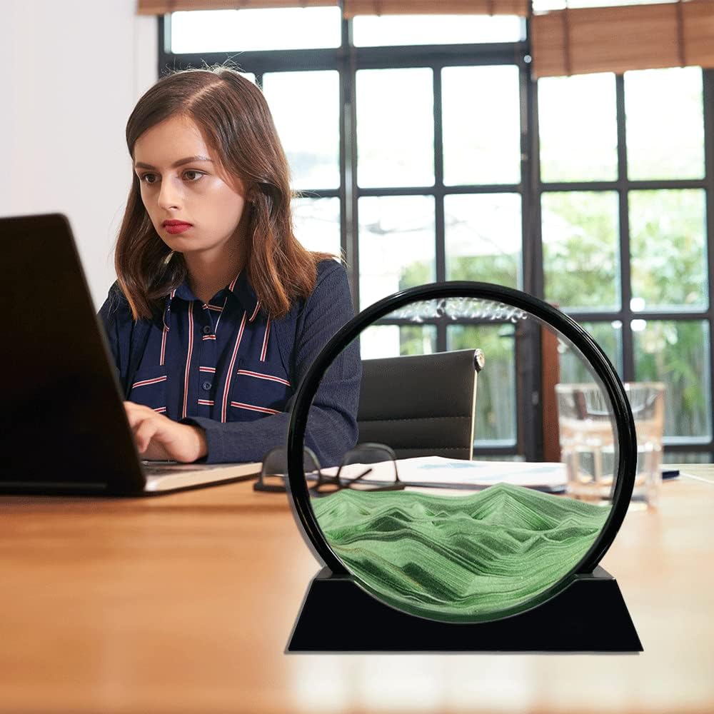 Aoderun Moving Sand Art Picture Round Glass 3D Deep Sea Sandscape in Motion Display Flowing Sand Frame Relaxing Desktop Home Office Work Decor (7", Green)