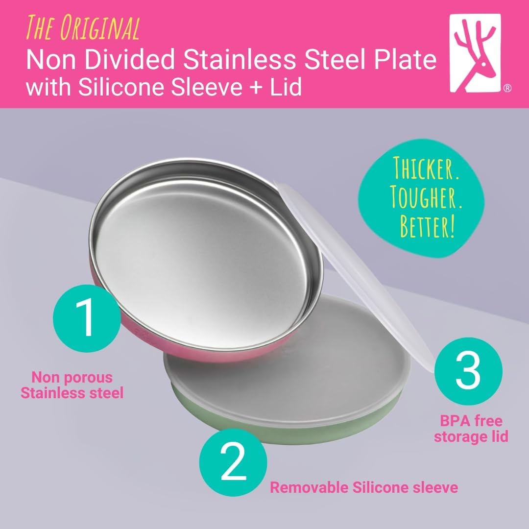 Elk and Friends 7.8” Stainless Steel Non Divided Plates with Silicone Sleeve + Storage Lid | Baby, Toddler, Kids | Dishwasher Safe | Dinner & Snack Plates | 4 Pack
