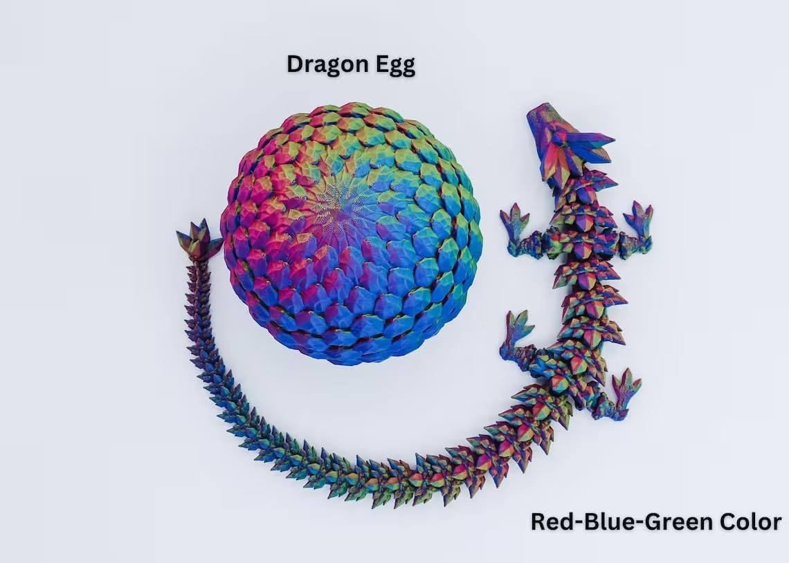 3D Printed 14'' Articulated Crystal Dragon with Egg, Toy Home Office Decor, Executive Desk Toy, Adult Fidget Toy, Toddler Play Game (Red-Blue-Green, Medium 14'' w/Egg)