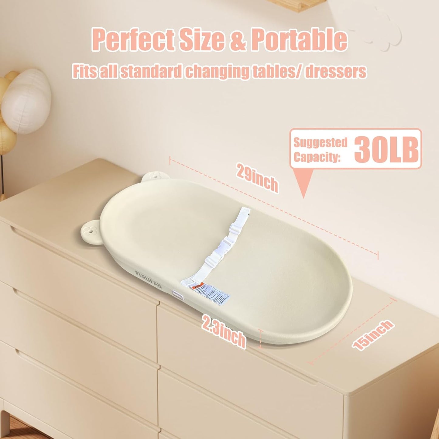 Baby Changing Pad, EVA Waterproof Non-Slip Changing Table Pad with Adjustable Strap for Dresser Changing Table Nursery, Portable Diaper Changing Pad, Oat