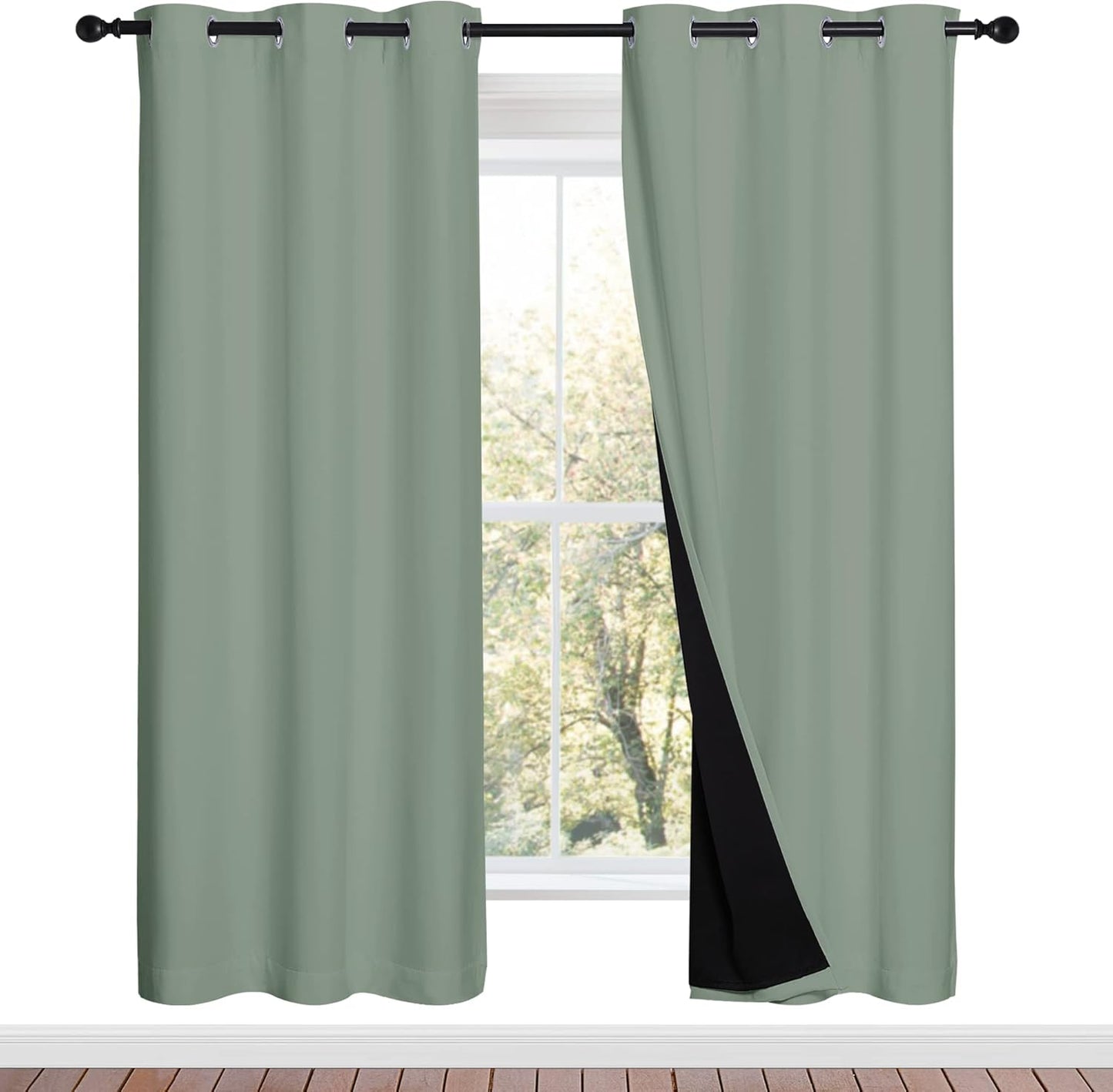 NICETOWN 100% Blackout Window Curtain Panels, Full Light Blocking Drapes with Black Liner for Nursery, 72-inch Drop Thermal Insulated Draperies (Greyish Green, 2 Pieces, 42-inch Wide Per Panel)