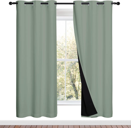 NICETOWN 100% Blackout Window Curtain Panels, Full Light Blocking Drapes with Black Liner for Nursery, 72-inch Drop Thermal Insulated Draperies (Greyish Green, 2 Pieces, 42-inch Wide Per Panel)