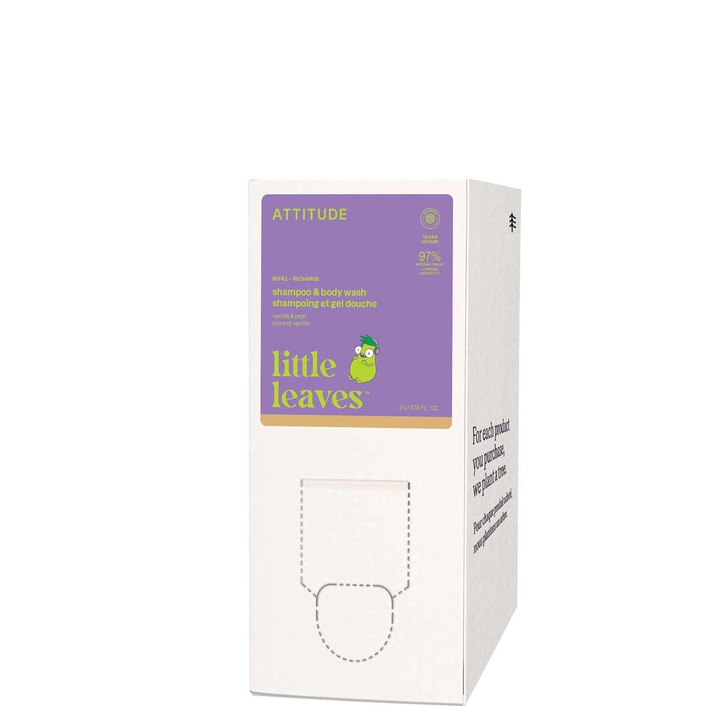 ATTITUDE Shampoo and Body Wash for Kids, EWG Verified Hair and Body Cleanser, Dermatologically Tested Soap, Plant and Mineral Based Bath Products, Vegan, Bulk Refill, Vanilla and Pear, 67.6 Fl Oz