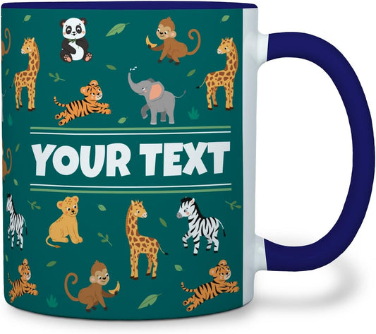 Personalized Mug for Kids - Zoo Animals - Custom Name/Text, Ceramic Hot Chocolate/Cocoa/Coffee Cup for Boys/Girls, Birthday/Christmas/Holiday Gift - 11 oz, Navy Blue Handle