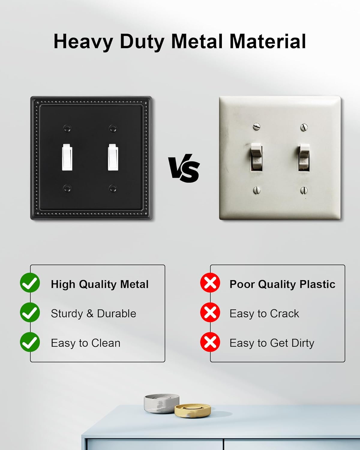 2-Pack Double Toggle Light Switch Cover Plate, Black Pearls Decorative Dual Switch Plate Covers, 2 Gang Metal Wall Plate, Corrosion Resistant