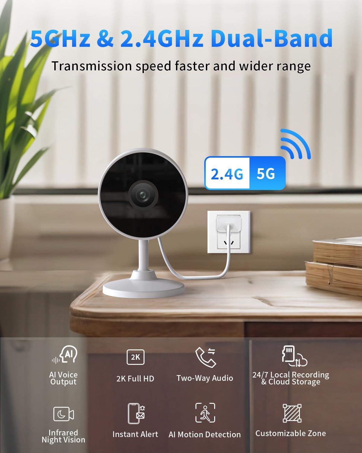 [5G & 2.4G] 2K Indoor Security Cameras for Home Security, AI Voice Change for 2-Way Talk, Motion Detection, Night Vision, 24/7 SD Recording/Cloud Storage, Baby Monitor/Dog/Pet Camera with Phone App, 2