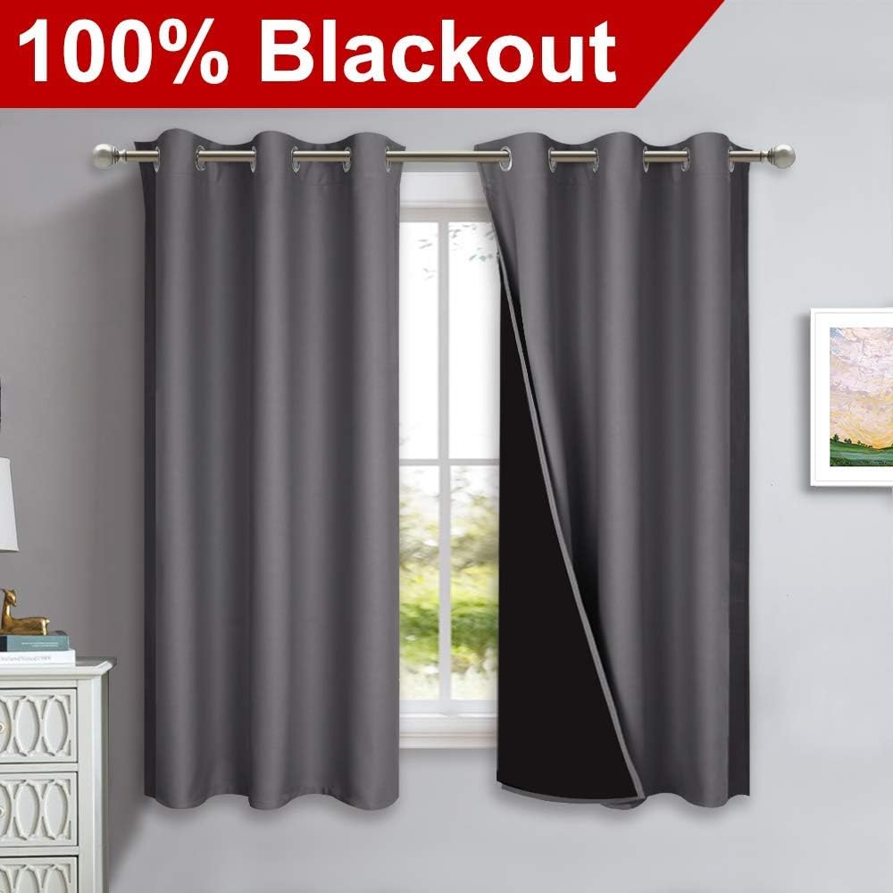 NICETOWN 100% Blackout Curtains with Black Liners, Thermal Insulated Full Blackout 2-Layer Lined Drapes, Energy Efficiency Window Draperies for Bedroom (2 Panels, 42 inches W by 63 inches L, Grey)