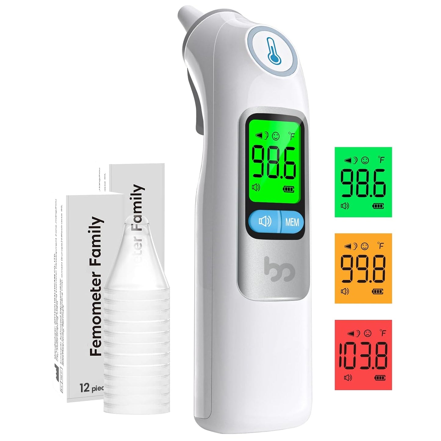 Ear Thermometer, Highly Accurate Ear Thermometer for Kids, Adults and Babies, 30 Memory Recall, 1s Result and 3-Color Fever Alert, with 24 Disposable Probe Covers, White
