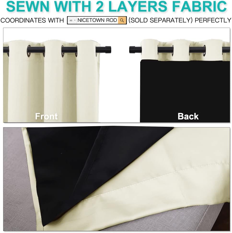 NICETOWN Living Room Completely Shaded Draperies, Privacy Protection & Noise Reducing Ring Top Drapes, Black Lined Insulated Window Treatment Curtain Panels (Beige, 2 Pieces, W70 x L84)