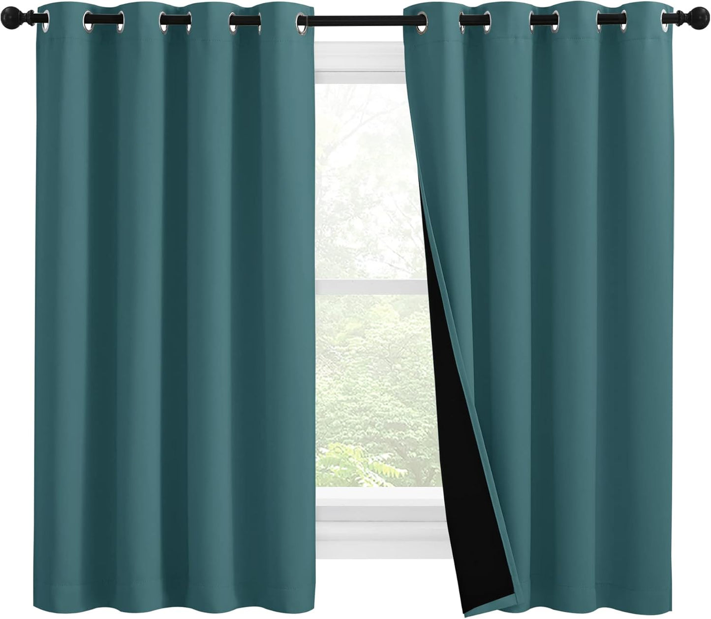 NICETOWN 100% Blackout Curtains with Black Liners, Thermal Insulated 2-Layer Lined Drapes, Room Warming Small Window Draperies for Dining Room (Sea Teal, 2 Panels, 55 inches W by 57 inches L)